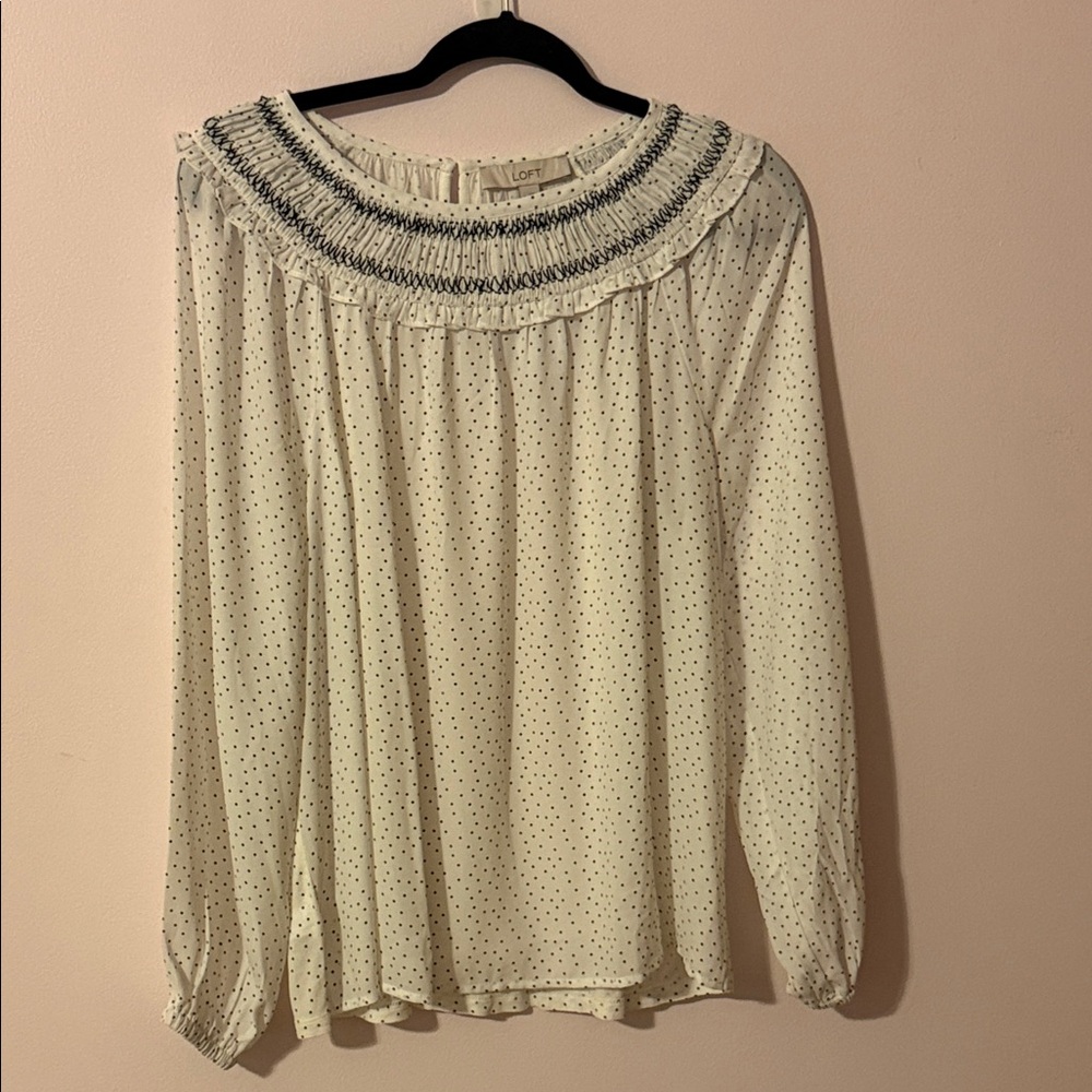 LOFT Ivory and Black Dotted Blouse